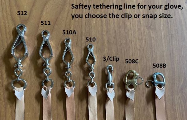 Add a safety line to your glove and choose a clip,  French snap or snap shackle