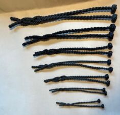 EIGHT STRAND ROUND BRAIDED JESSES IN NINE SIZES , SOLID BLACK COLOR.