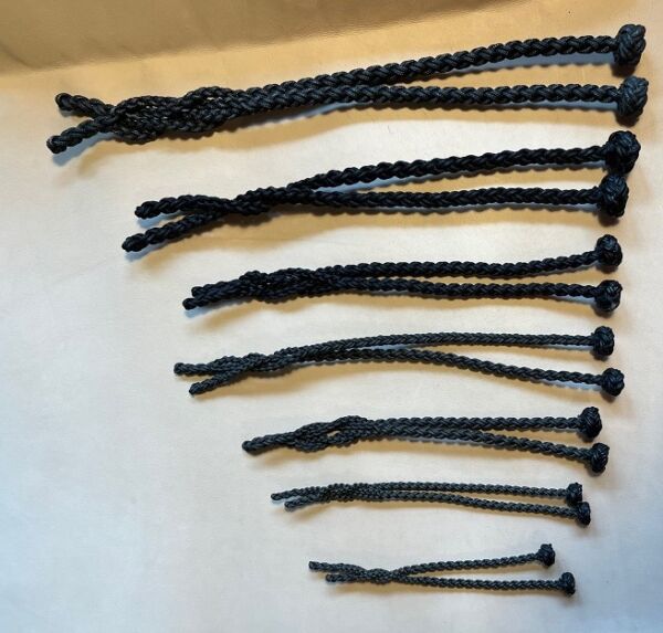EIGHT STRAND ROUND BRAIDED JESSES IN NINE SIZES , SOLID BLACK COLOR.