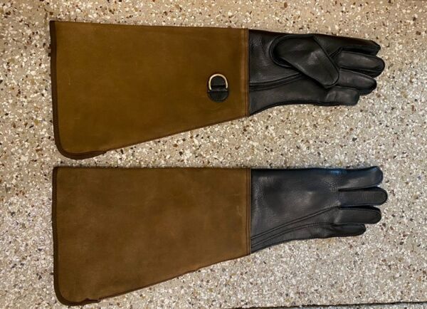 Medium weight Arm Length cowhide raptor and animal handling gloves.